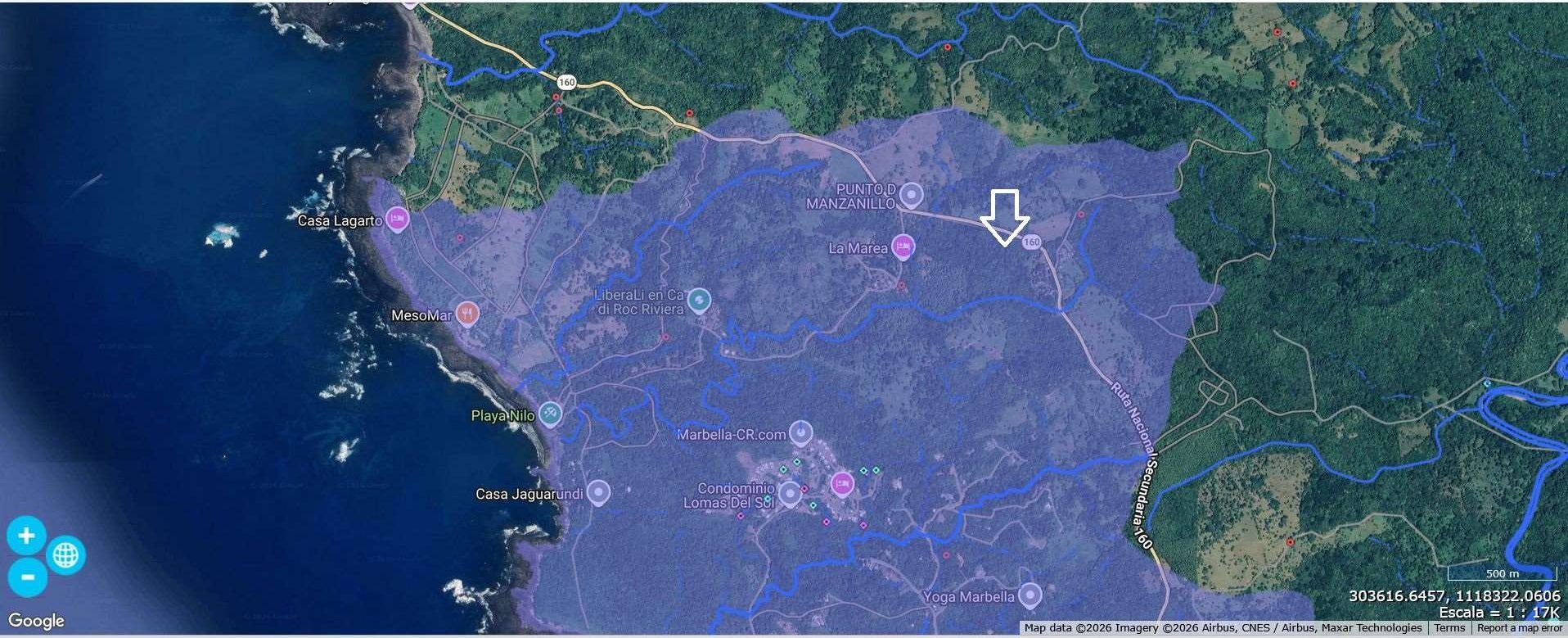 SINIGIRH-Karte: Zone des Aquifers von Marbella. Der weiße Pfeil zeigt das Grundstück.