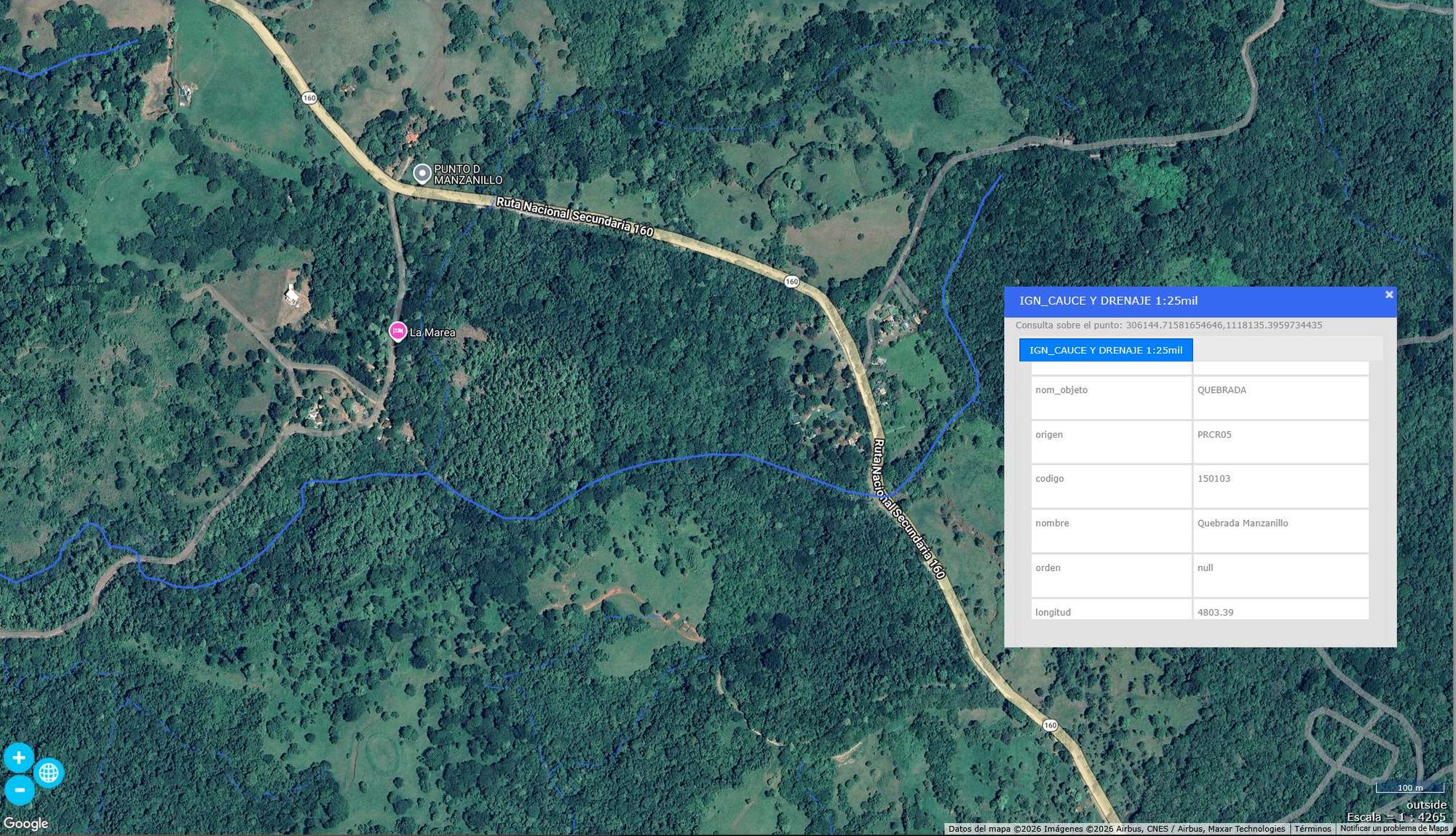 SINIGIRH-Karte (MINAE): der Bach Manzanillo neben der Route 160.